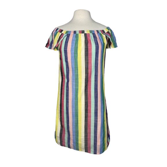 J.CREW Rainbow Stripe Off The Shoulder Woven Cotton Shift Dress Size 4 Lined - Picture 1 of 9